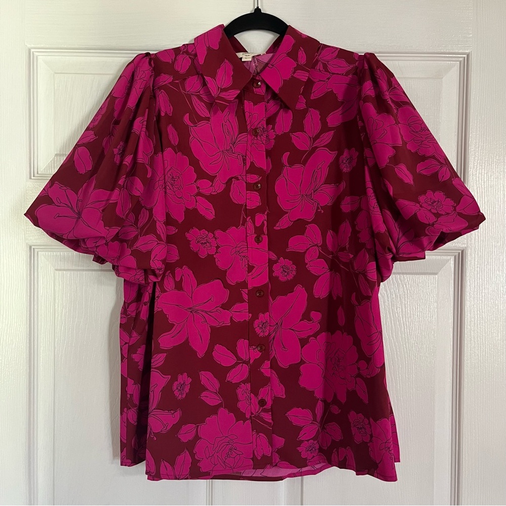 Entro Floral Button-Up Blouse - Burgundy and Pink